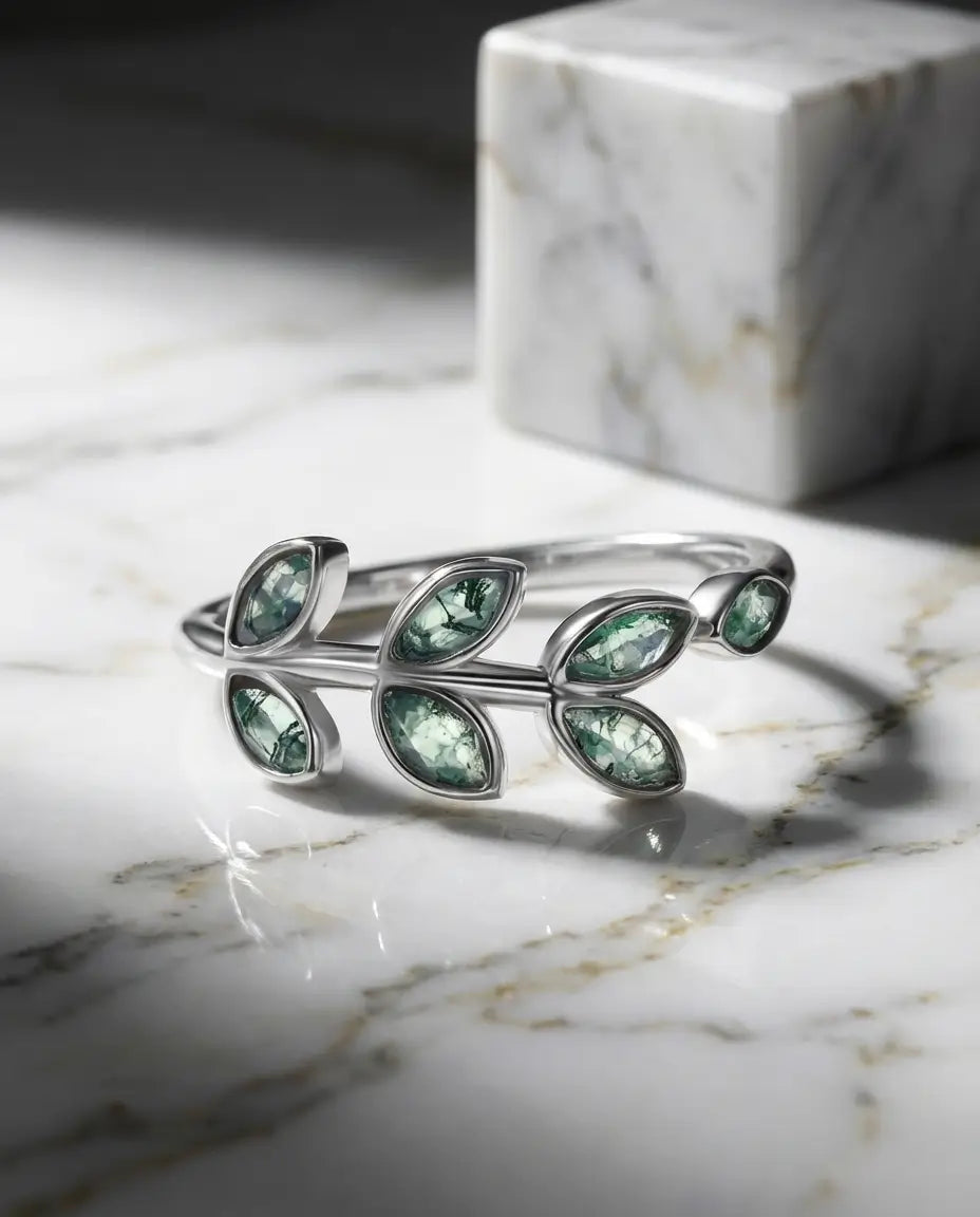 Moosachat Ring – Olivenzweig-Design, 925er Sterlingsilber weißvergoldet, größenverstellbar, Geschenk für Sie