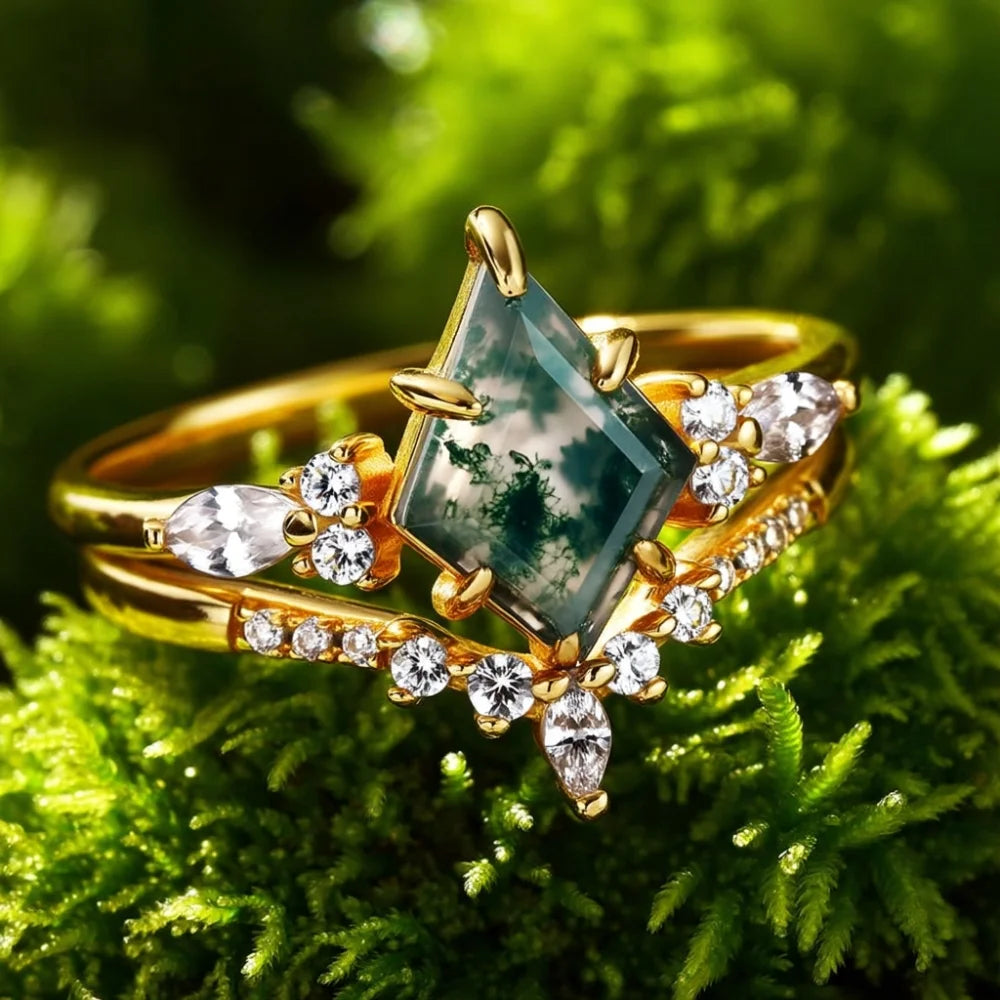 Moosachat Ring Set aus 925 Silber – Natürliche Eleganz