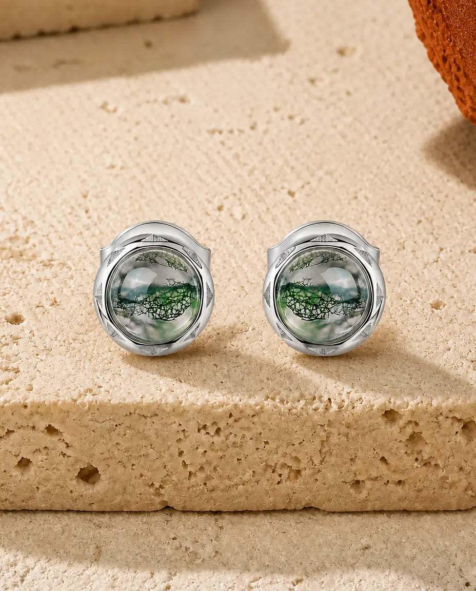 Runde Moosachat Cabochon Ohrstecker in gedrehter Kordelfassung aus 925 Silber