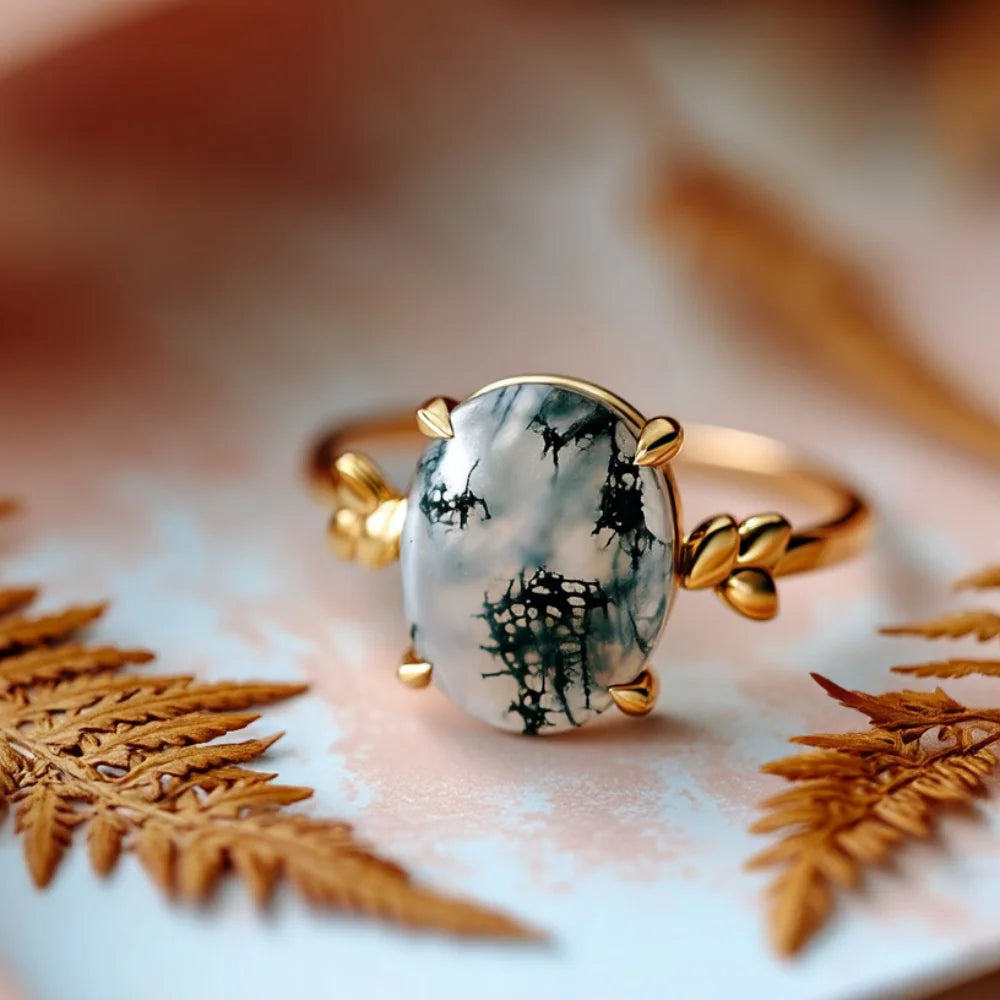 IfShe 10×12 mm Ovaler Moosachat-Ring – 18K vergoldetes 925er Sterlingsilber, Statement-Ring „Zauberwald