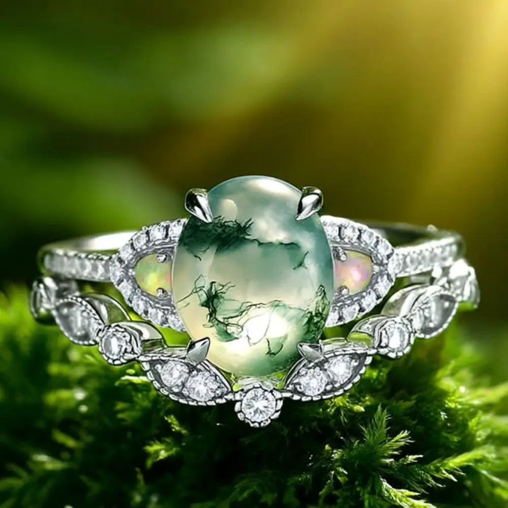 Moosachat Ring Set mit Opal – 925 Silber & Weißgold  