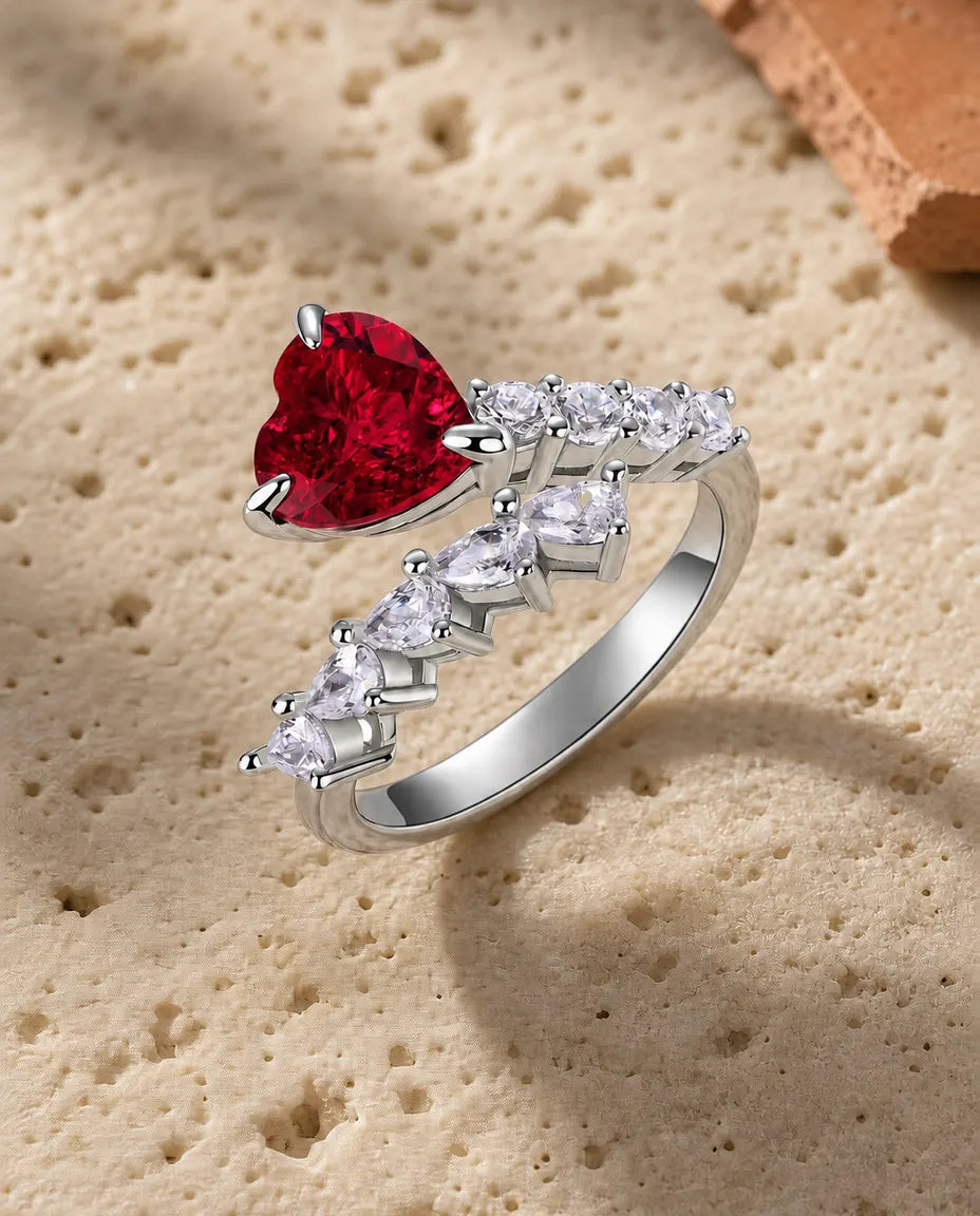 Rubin Ring – Labor-Rubin im Herz-Schliff mit Sternschnuppen-Design, 925er Sterlingsilber, größenverstellbar, für Damen