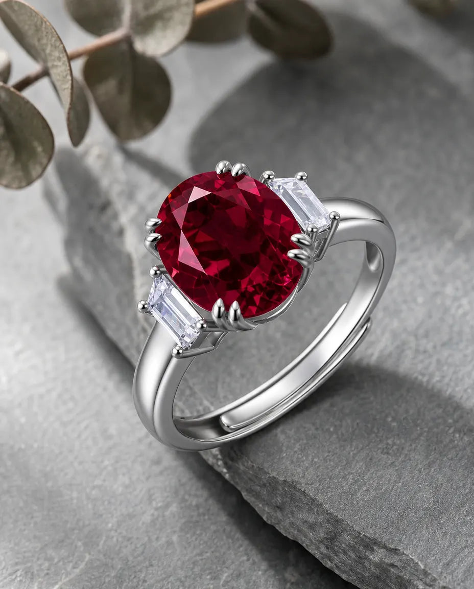Rubin Ring – großer ovaler Labor-Rubin mit Baguette-Akzenten, Statement-Ring aus 925er Sterlingsilber, Geburtsstein Juli, Geschenk für Sie