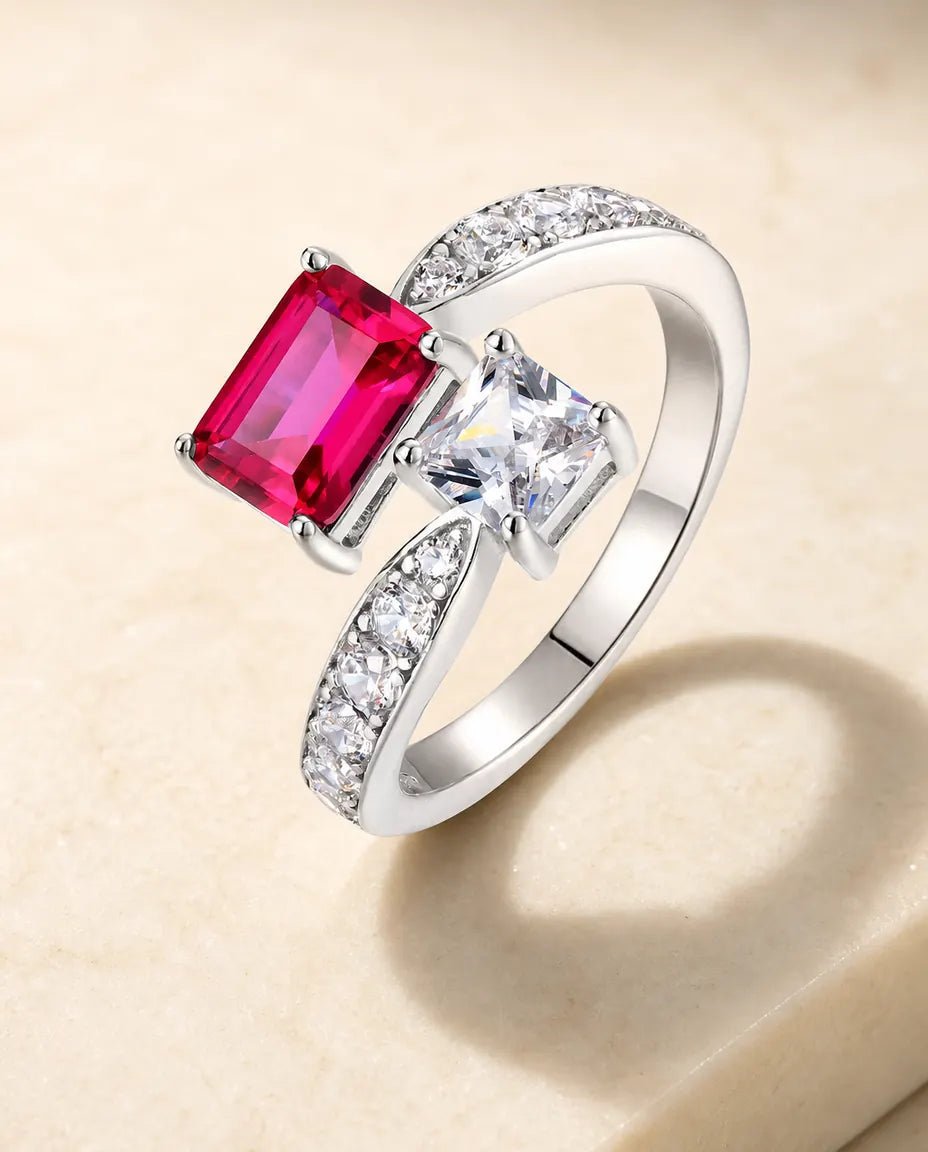 Rubin Ring – Toi-et-Moi-Ring mit quadratischem Labor-Rubin, 925er Sterlingsilber, größenverstellbar, Geschenk für Sie