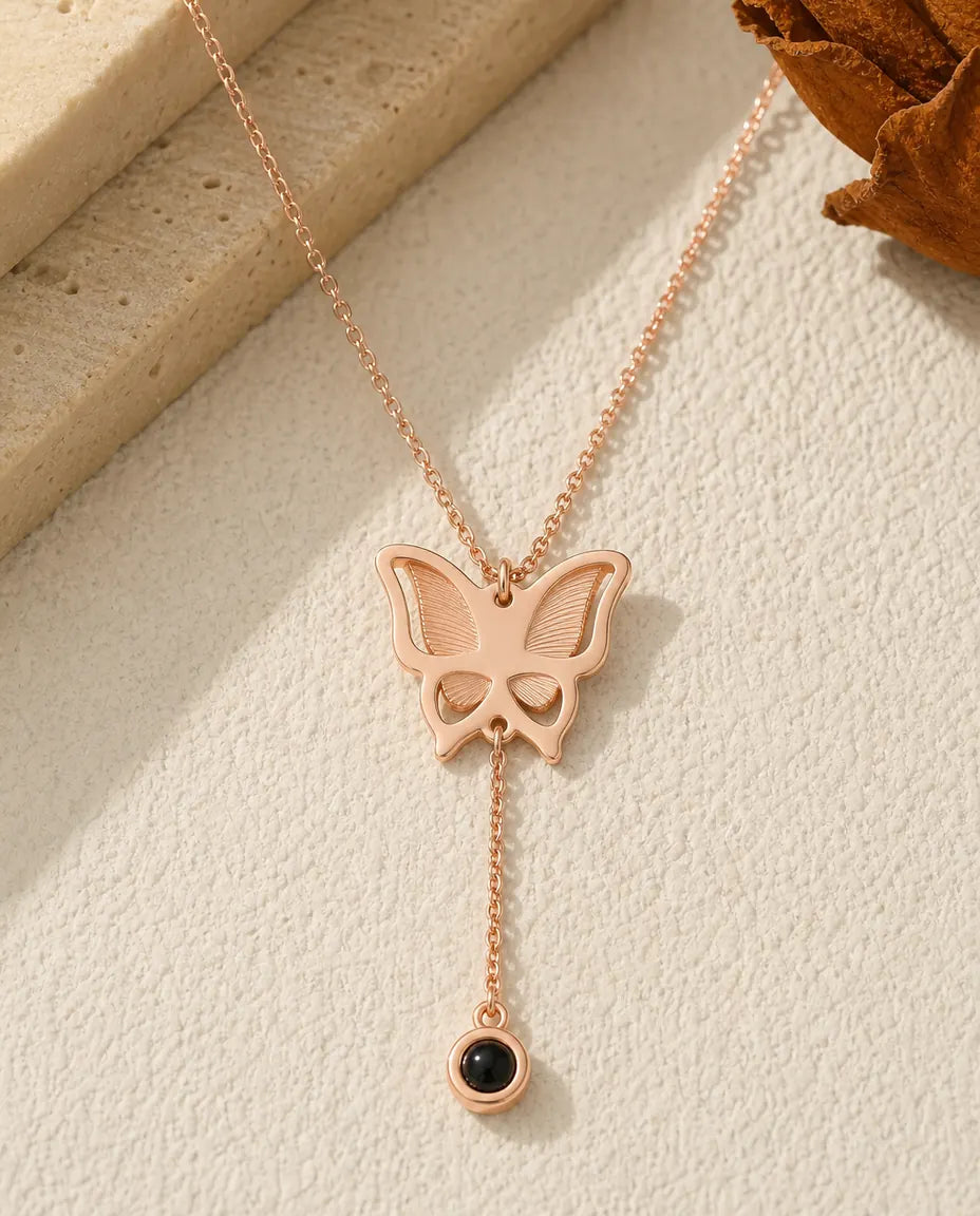 Personalisierte Schmetterling-Kette mit Foto im Stein, Y-Kette mit deinem Bild in der Perle, Silber Roségold oder Gold, Geschenk für sie