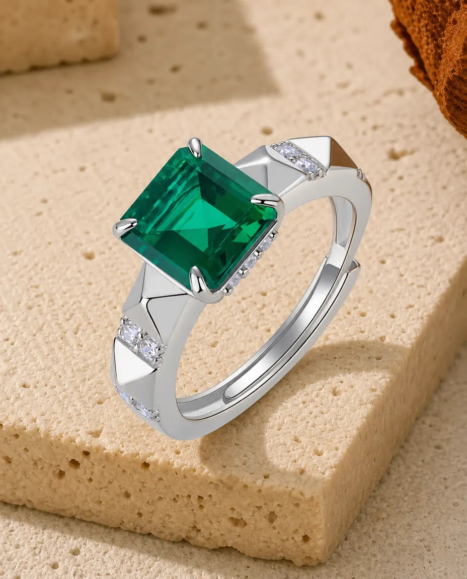 Smaragd Ring – quadratischer Labor-Smaragd im Art-déco-Stil, 925er Sterlingsilber, größenverstellbarer Statement-Ring für Damen