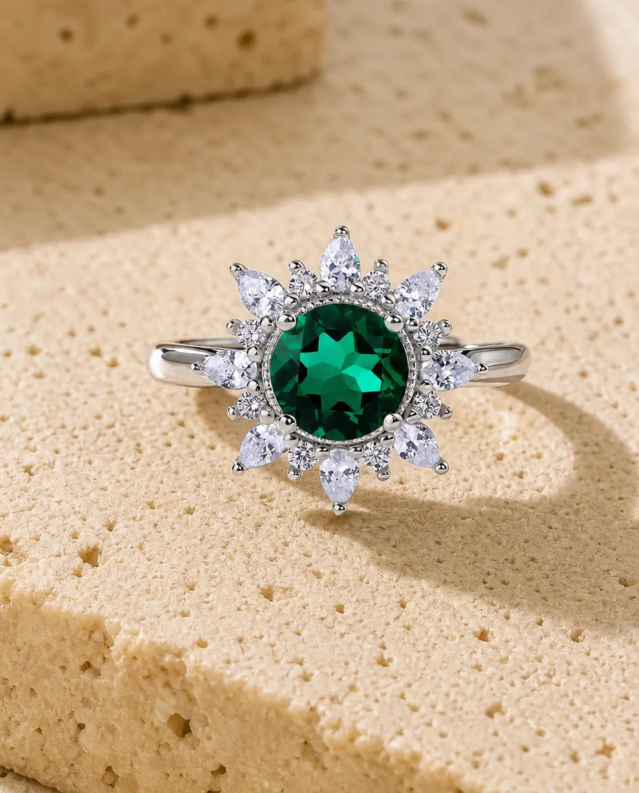 Smaragd Ring – Sonnenblumen-Halo mit rundem grünem Stein, im Labor gezüchteter Smaragd, größenverstellbar, 925er Sterlingsilber