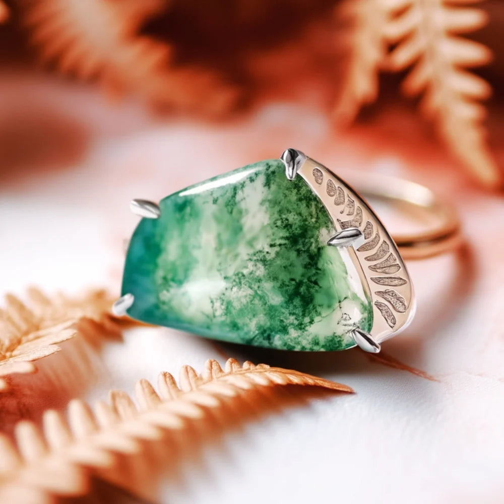 Verstellbarer Moosachat Ring aus 925 Silber & Weißgold