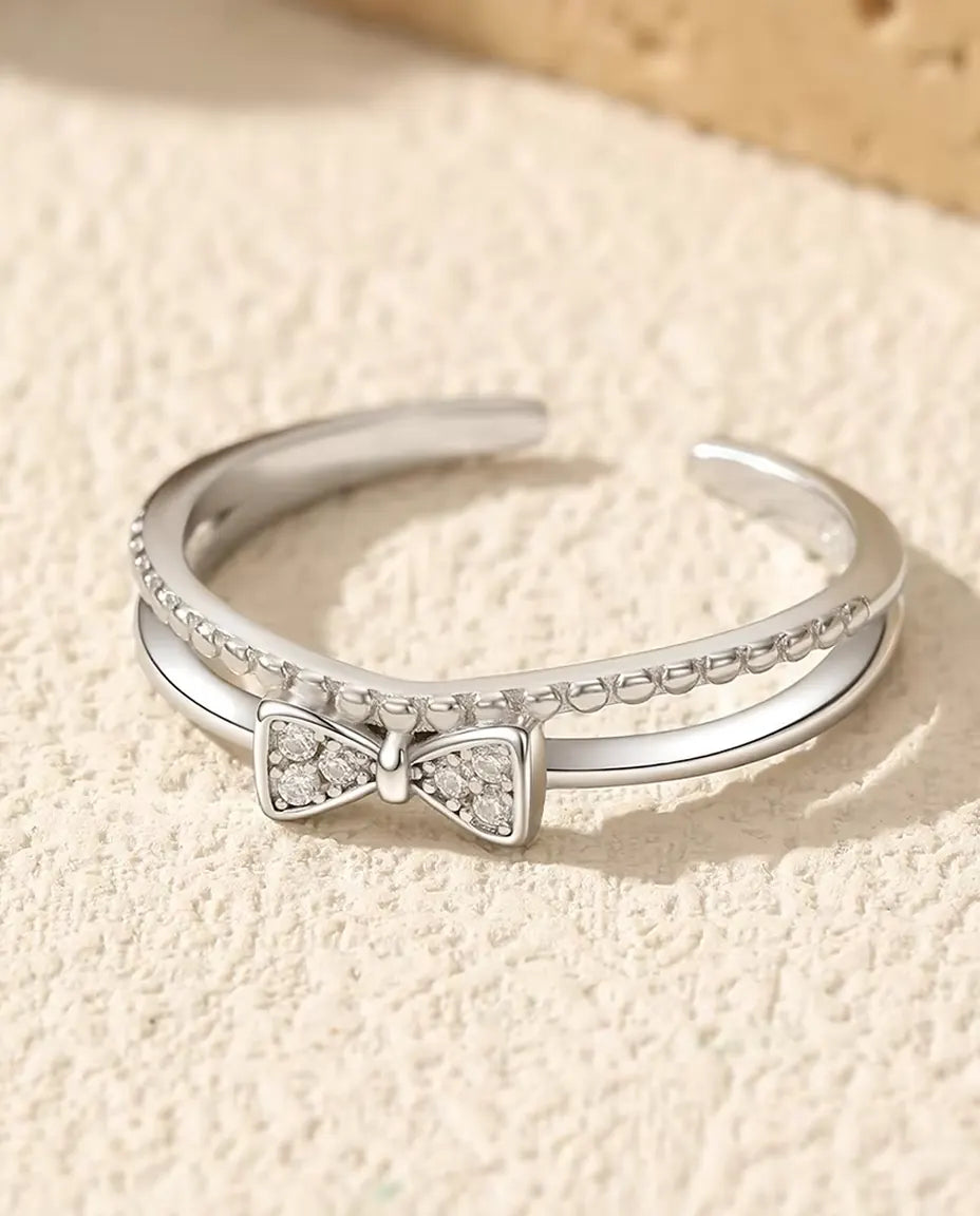 Zirkonia Schleifen Ring - Pavé-Schleife 3,5 x 7 mm auf doppeltem Band mit Kugeldraht, verstellbar, 925 Sterlingsilber, US 6 bis 9